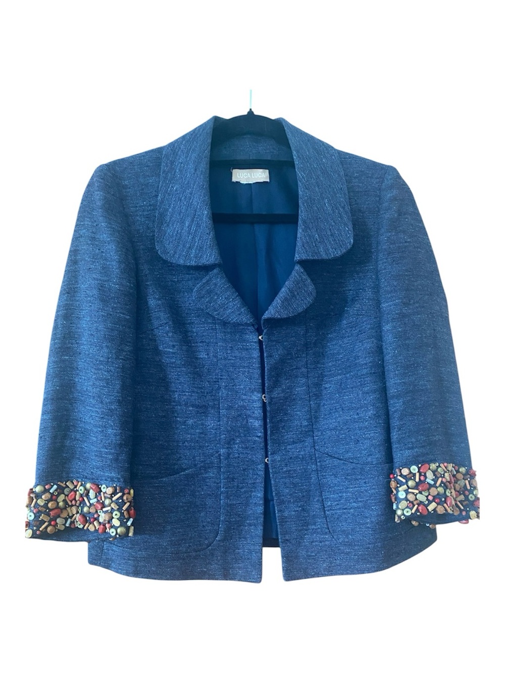 Luca Luca Beaded Cuff Textured Hook Front Jacket Blue Artisan Blazer EUC